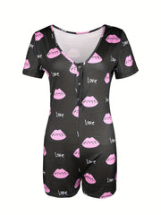 Lip & Letter Print Romper Jumpsuit V neck Button Romper Jumpsuit