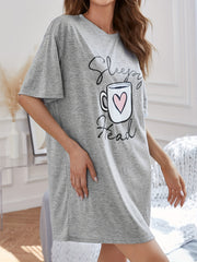 Cup & Letter Print NightDress Short Sleeve Crew Neck Pajama Dress