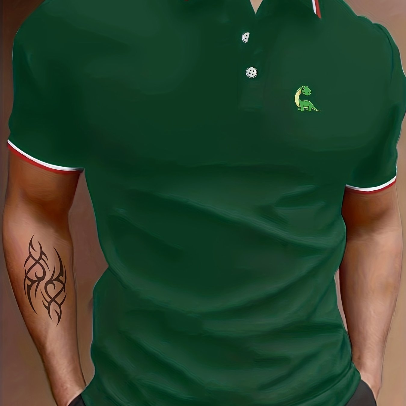 Dinosaur Print Men's Polo Shirt Casual Stretch Breathable Button Up Top