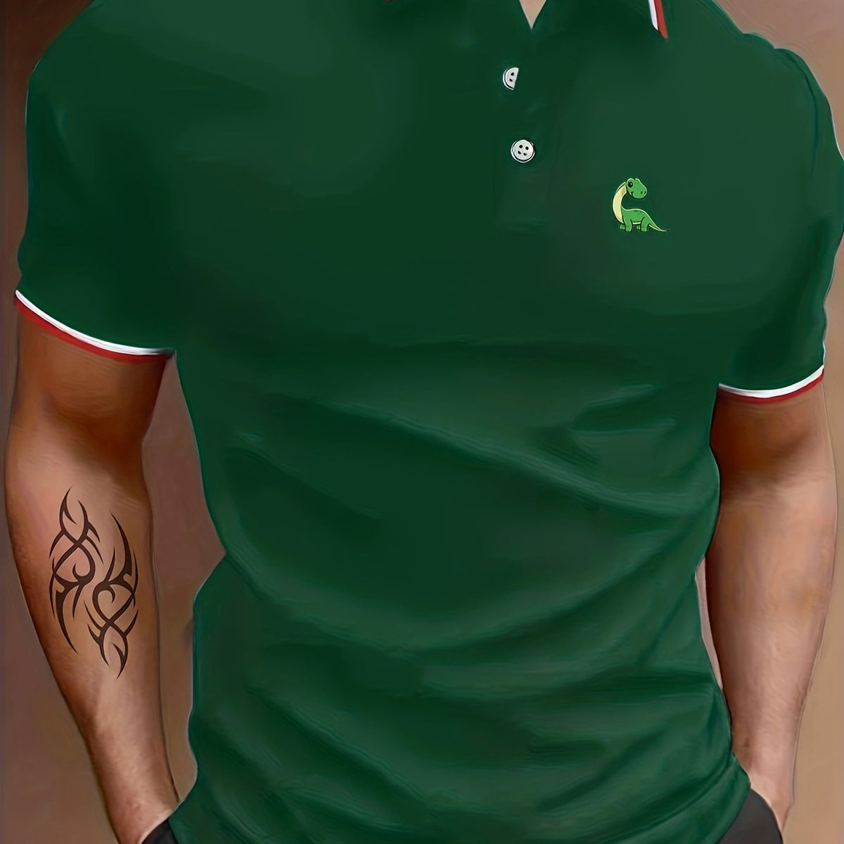 Dinosaur Print Men's Polo Shirt Casual Stretch Breathable Button Up Top
