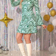  Marble Print Flared Sleeve Round Neck A Line Dress
