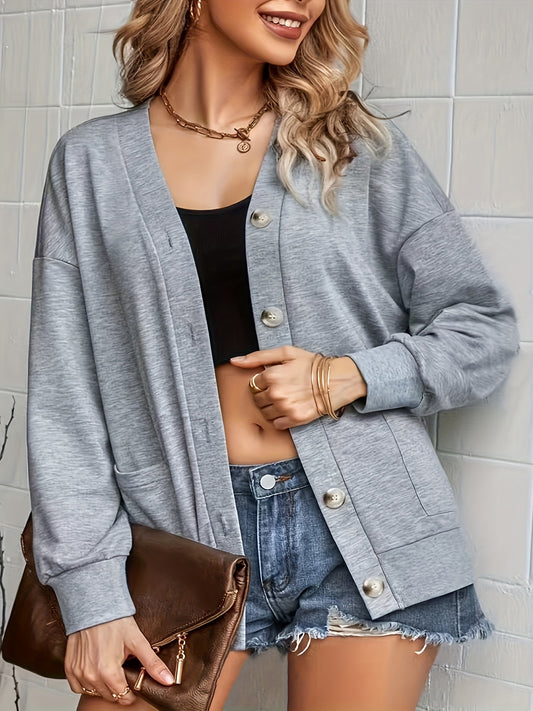  Solid Long Sleeve Button Up Stretch Cardigan With Pockets