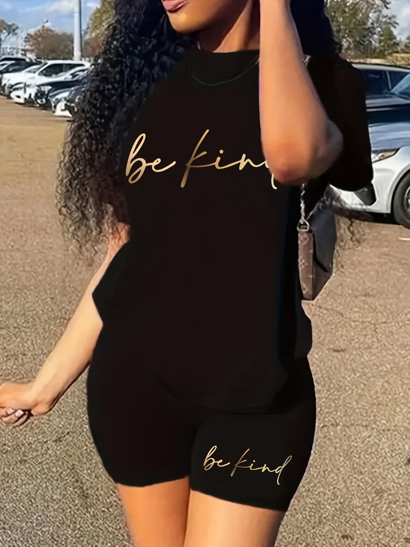 Two Piece Set Women's Plus Letter Print Tee & Shorts Outfit