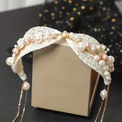 Faux Pearl Hairband French Lace Hair Tie Ribbon Head Piece