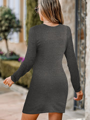  Solid Long Sleeve Lace Trim V Neck Dress