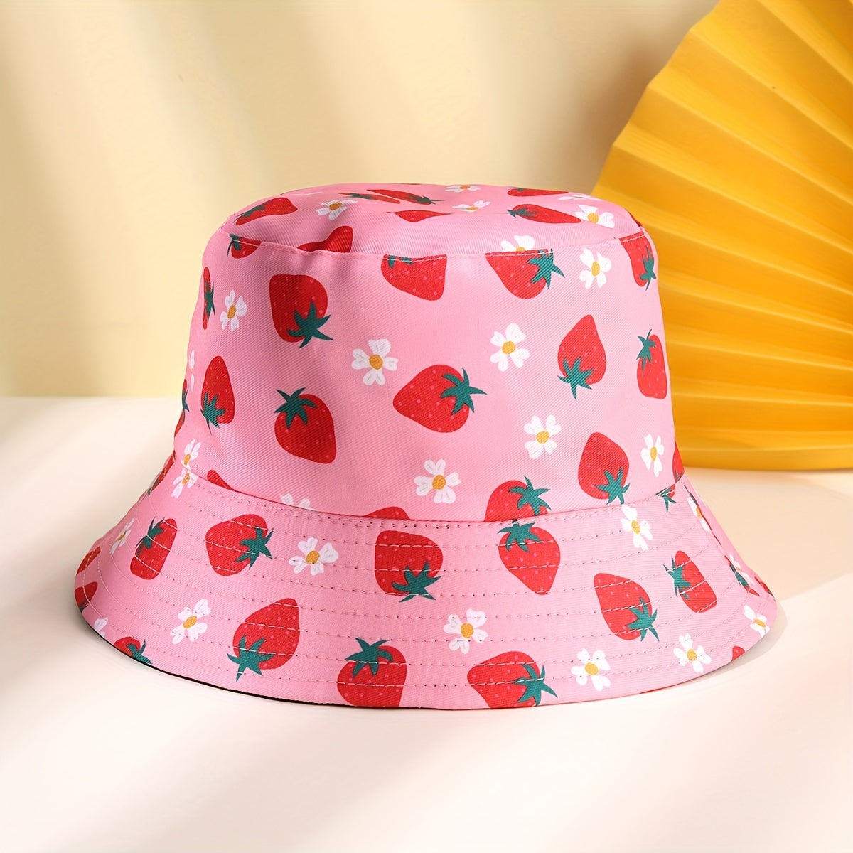 Pink Strawberry Print Bucket Hat Reversible Fisherman Cap Sunscreen Basin Hat
