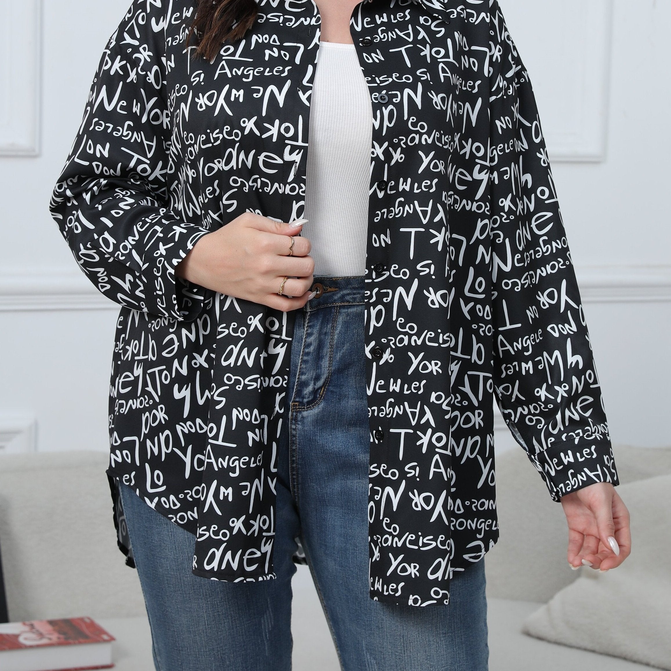  Casual Blouse Women's Plus Graffiti Print Long Sleeve Button Up Shirt