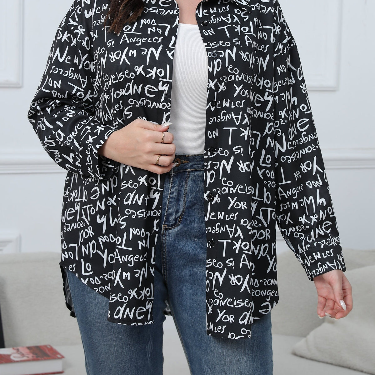  Casual Blouse Women's Plus Graffiti Print Long Sleeve Button Up Shirt