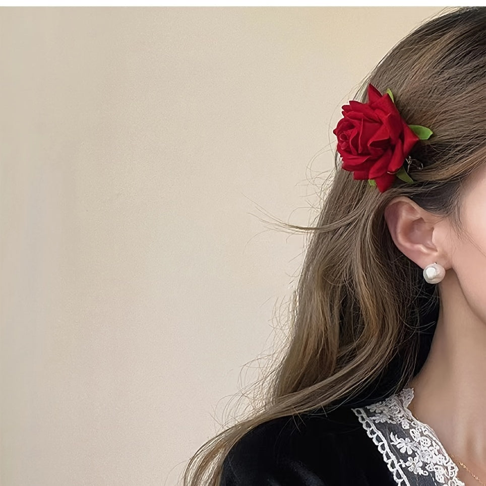 Red Rose Hair Clip Floral Barrettes Brooch