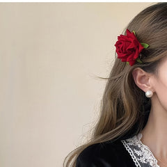 Red Rose Hair Clip Floral Barrettes Brooch