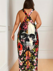  Gothic Skull & Floral Print Wide Leg Cami Jumpsuit