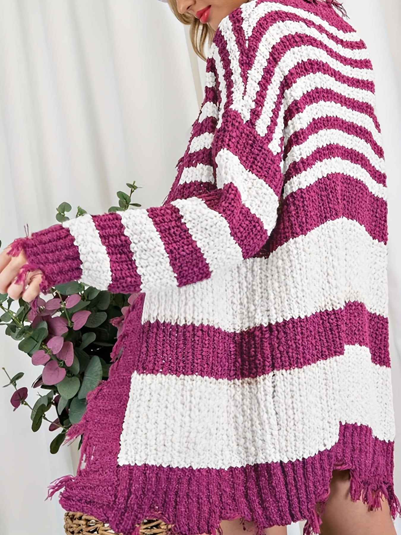  Colorblock Stripe Print Long Sleeve Open Front Fringe Trim Cardigan
