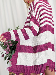  Colorblock Stripe Print Long Sleeve Open Front Fringe Trim Cardigan