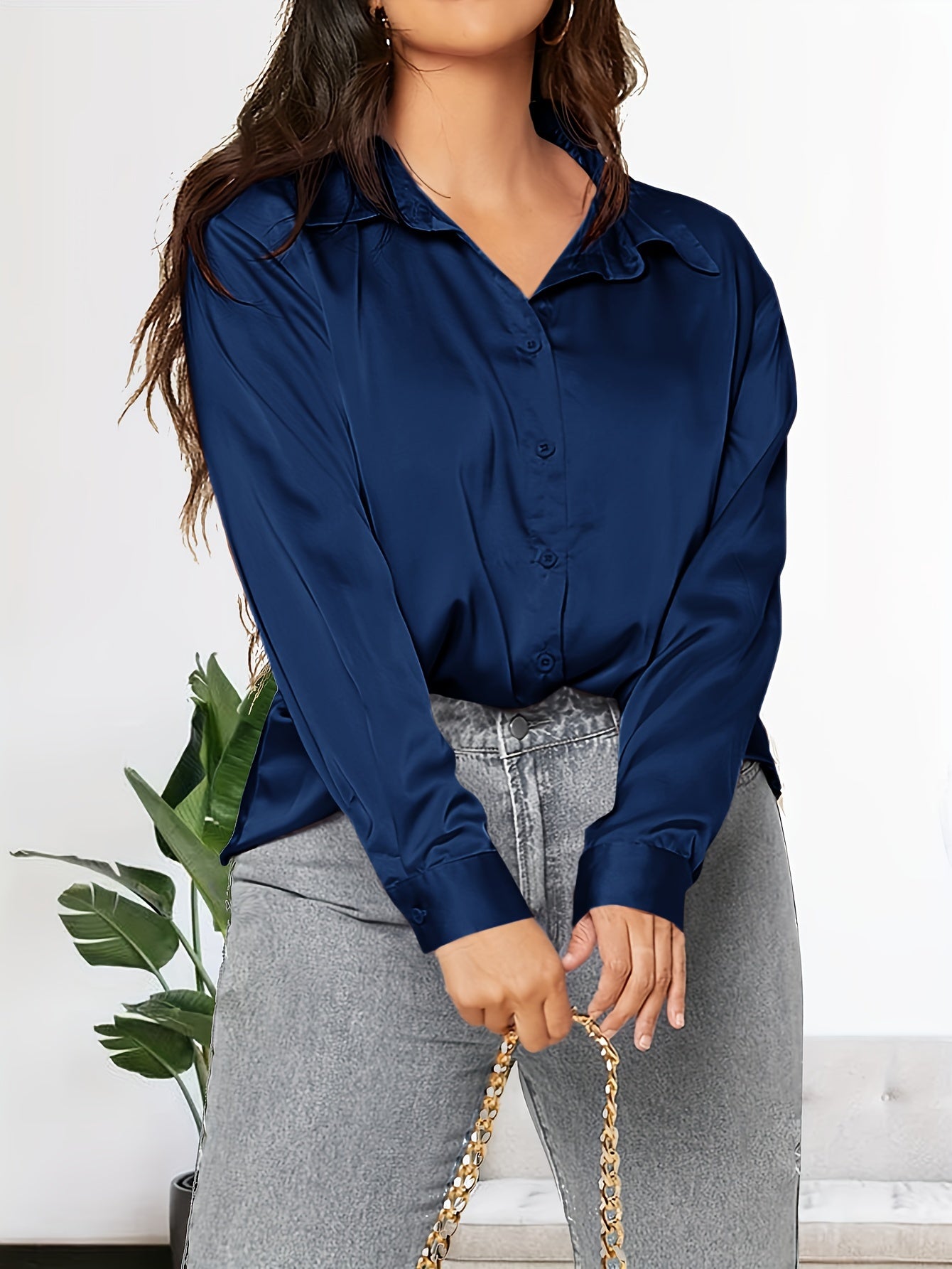  Solid Satin Long Sleeve Button Up Lapel Collar Shirt Top