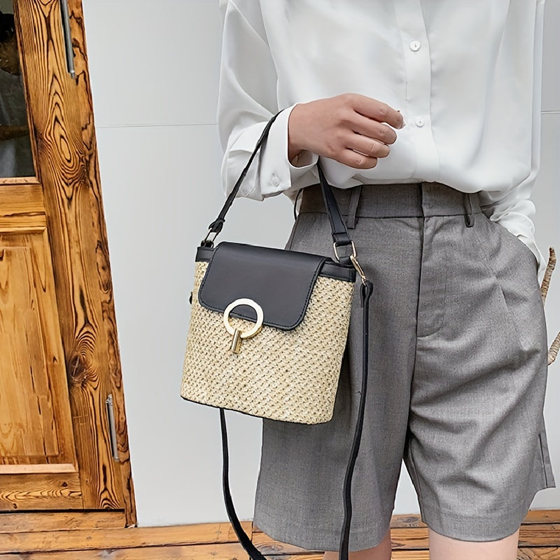 Straw Weaving Crossbody Bag Flap Slouchy Bucket Bag