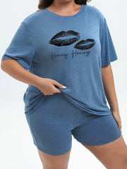  Lips Print Tee & Biker Shorts Pajama Set