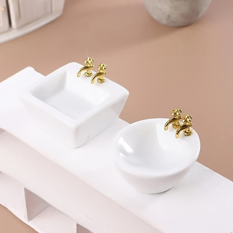 1pc Ceramic Mini Washbasin Sinks with Golden Faucets Dollhouse DIY Kit