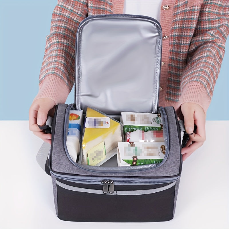 Gray Insulated Lunch Bag Double Layered Oxford Fabric 27x24x16