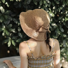 Vintage Crochet Bucket Hat with Bowknot Foldable UV Protection