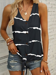 Striped Print Tank Top V Neck Sleeveless Button Front Knot Summer Tank Top