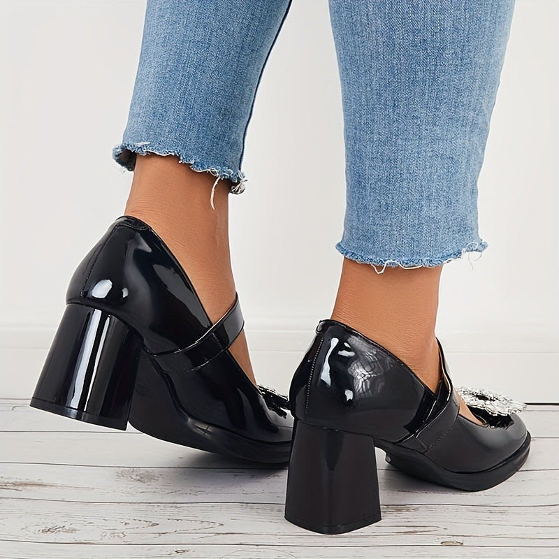 Women's Block Heeled Mary Jane Square Rhinestone Decor Pumps