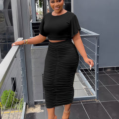 Solid Two Piece Set Flared Sleeve Crop T-shirt & Ruched Midi Skirts