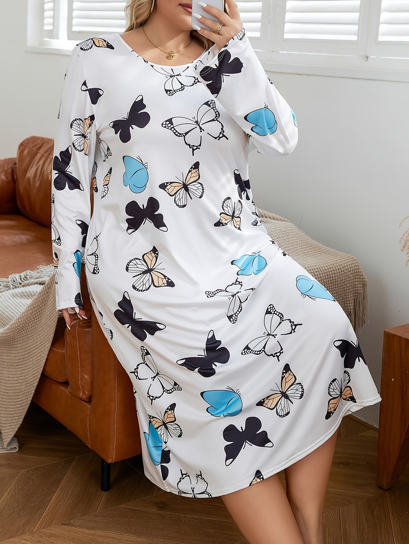 Butterfly Print Long Sleeve T-shirt Sleep Dress