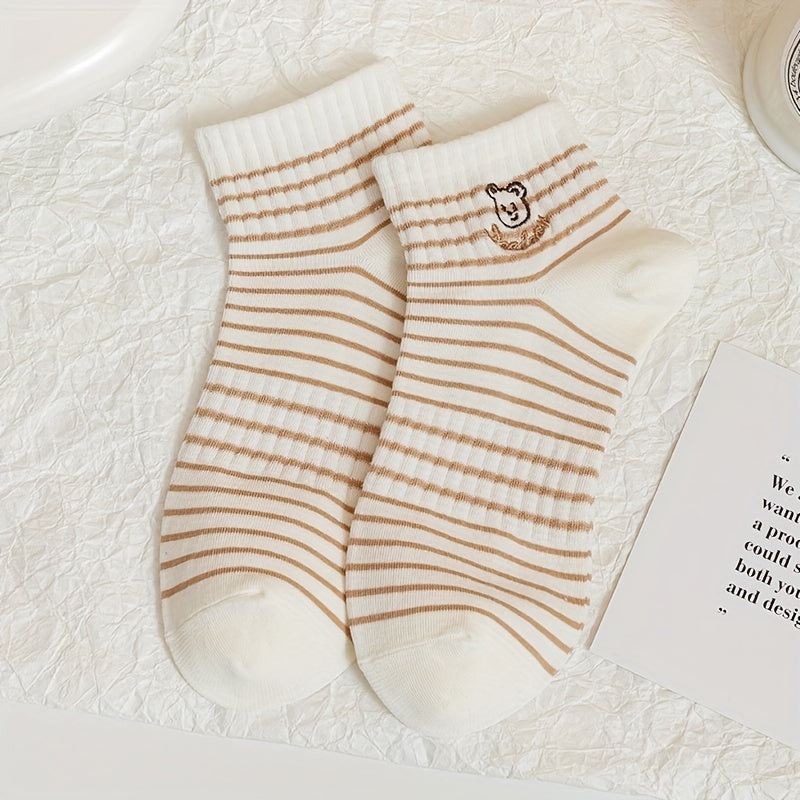 5 Pairs Cartoon Bear Print Socks Lightweight Ankle Stockings