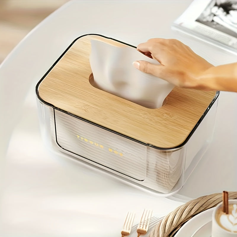 Plastic Tissue Box With Wooden Lid Modern Minimalist Style