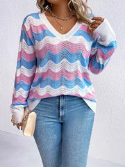  Wavy Stripe Print Long Sleeve V Neck Sweater