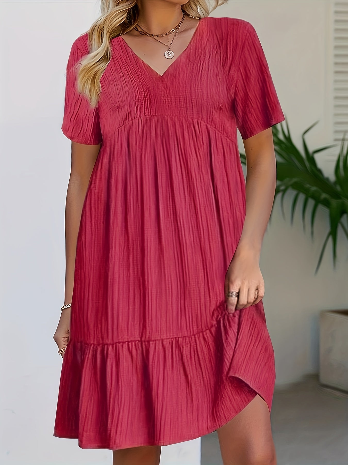  Solid Ribbed V Neck Smock Dress