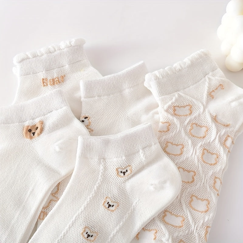 5 Pairs Cartoon Bear Print Socks & Ankle Socks Women's Stockings