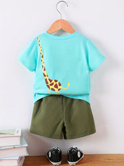 Toddler Boy's Cartoon Giraffe Pattern 2pcs T shirt & Cargo Shorts Set Outfits
