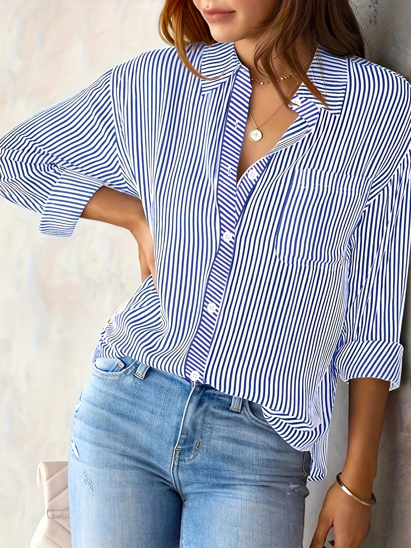  Women's Casual Stripe Print Button Up Blouse