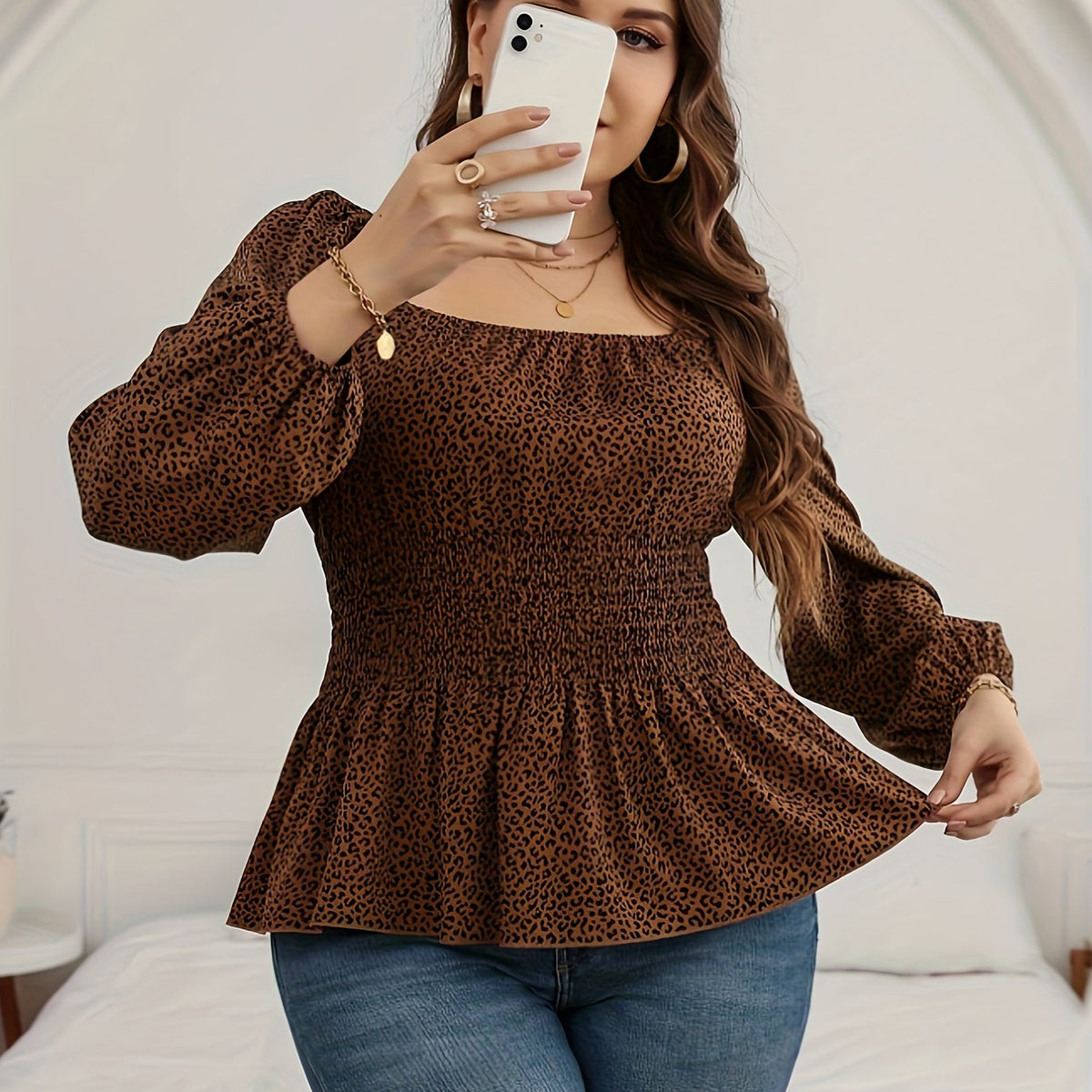  Leopard Print Peplum Shirt Top