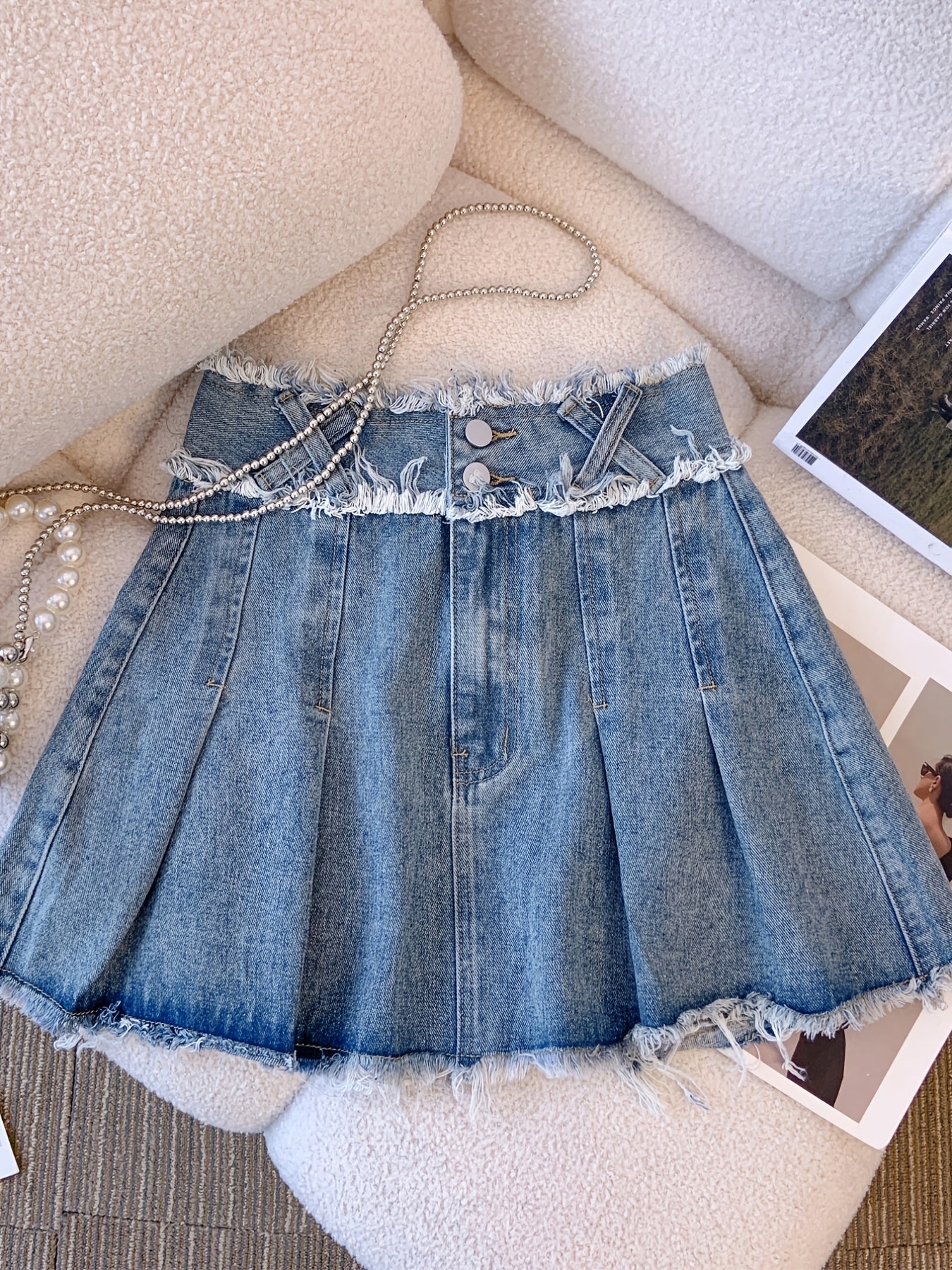 Pleated Double Button Cross Denim Skirt
