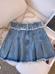 Pleated Double Button Cross Denim Skirt