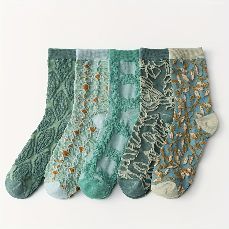 5 Pairs 3D Textured Comfy Mid Tube Women's Socks