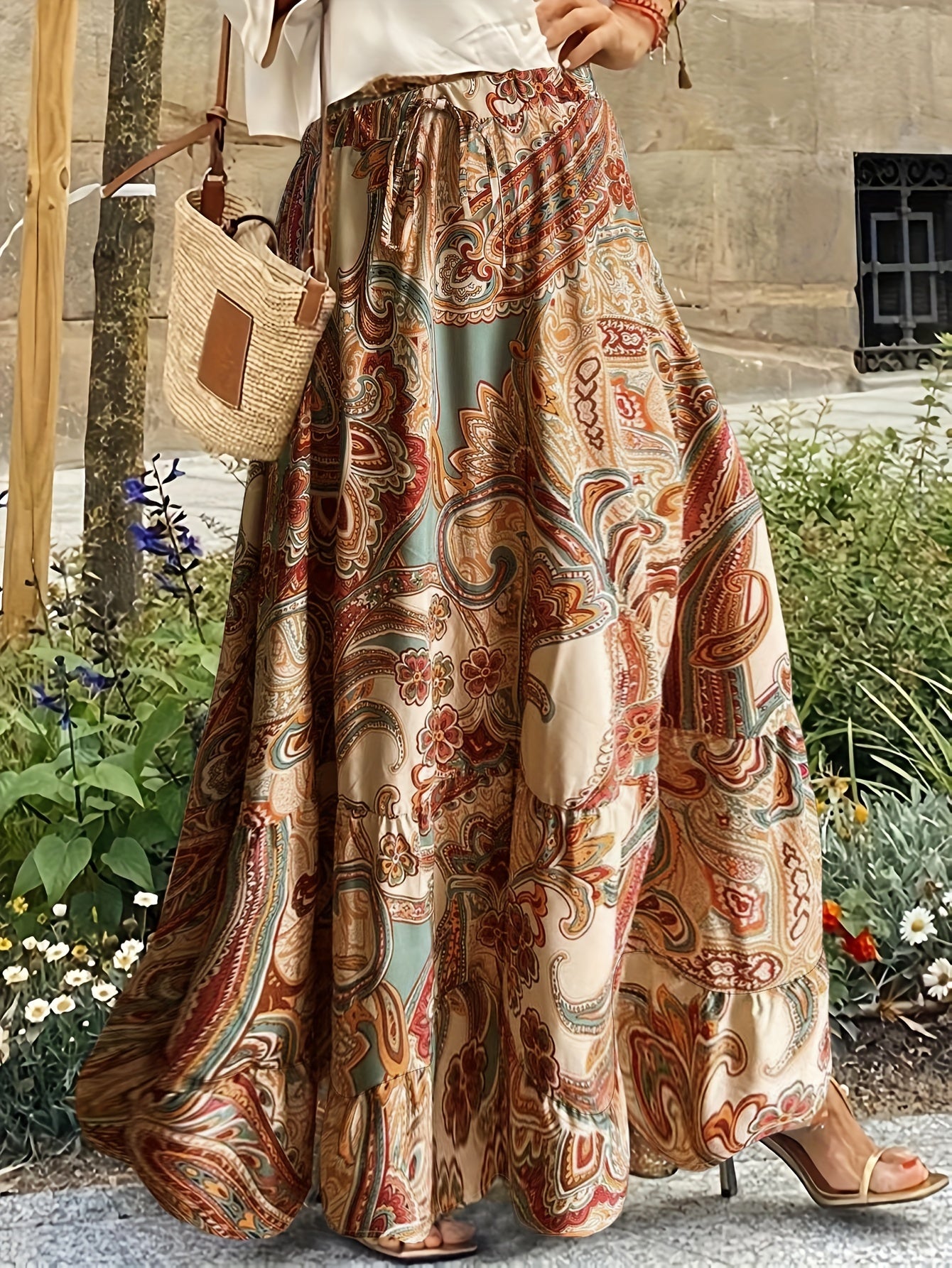  Boho Maxi Skirt Paisley Floral Print Drawstring Elastic High Rise