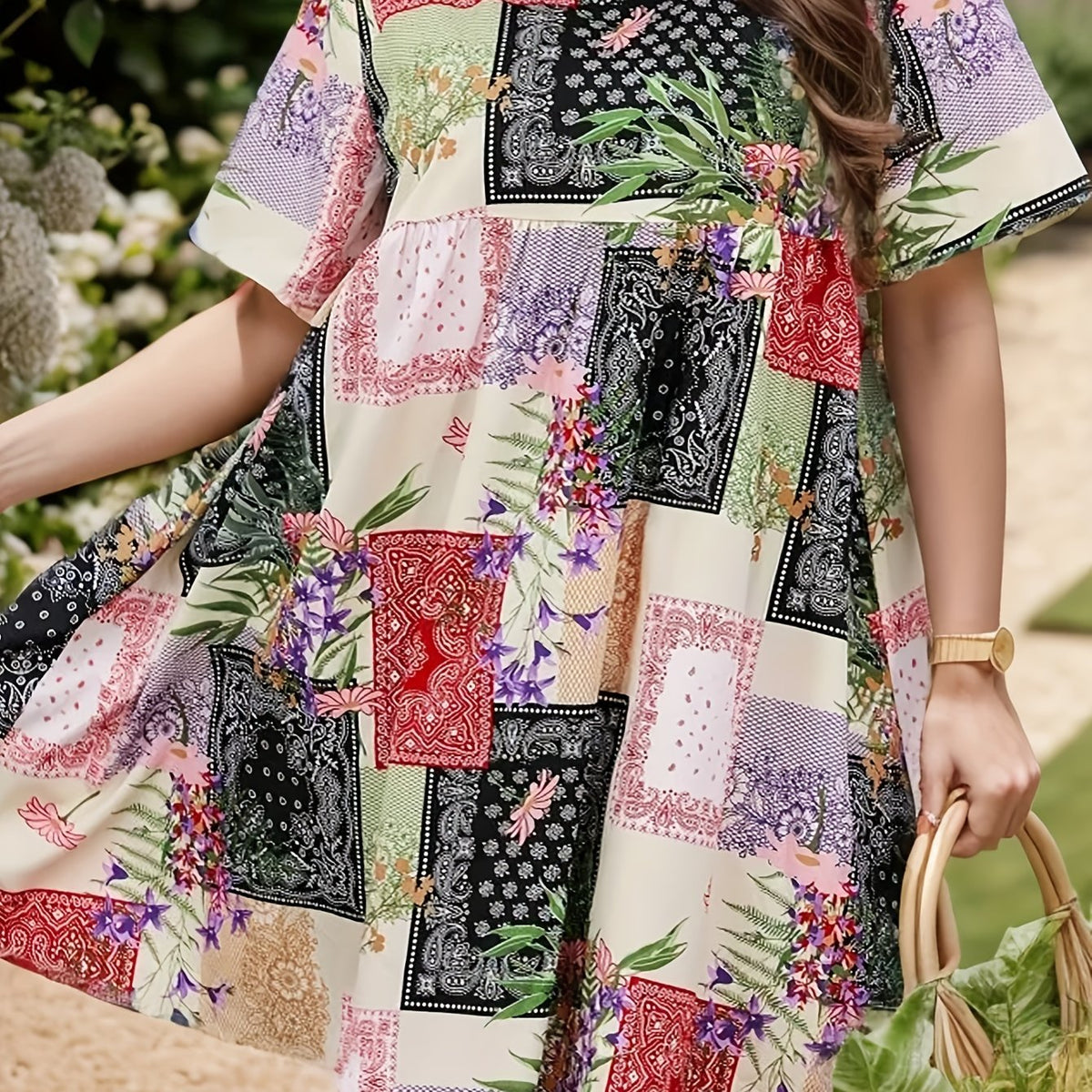  Boho Dress Women's Plus Patchwork Print Loose Fit Dress