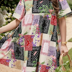  Boho Dress Women's Plus Patchwork Print Loose Fit Dress