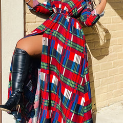 Women's Plus Plaid Print Button Up Long Sleeve Maxi Shirt Dress