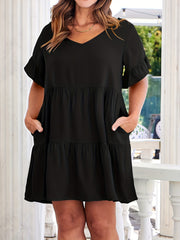  V Neck Ruffle Trim Mini Smock Dress With Pockets