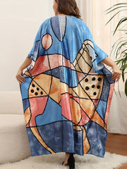  Boho Cover Up Geo Print Split Kaftan Cover Up Dress