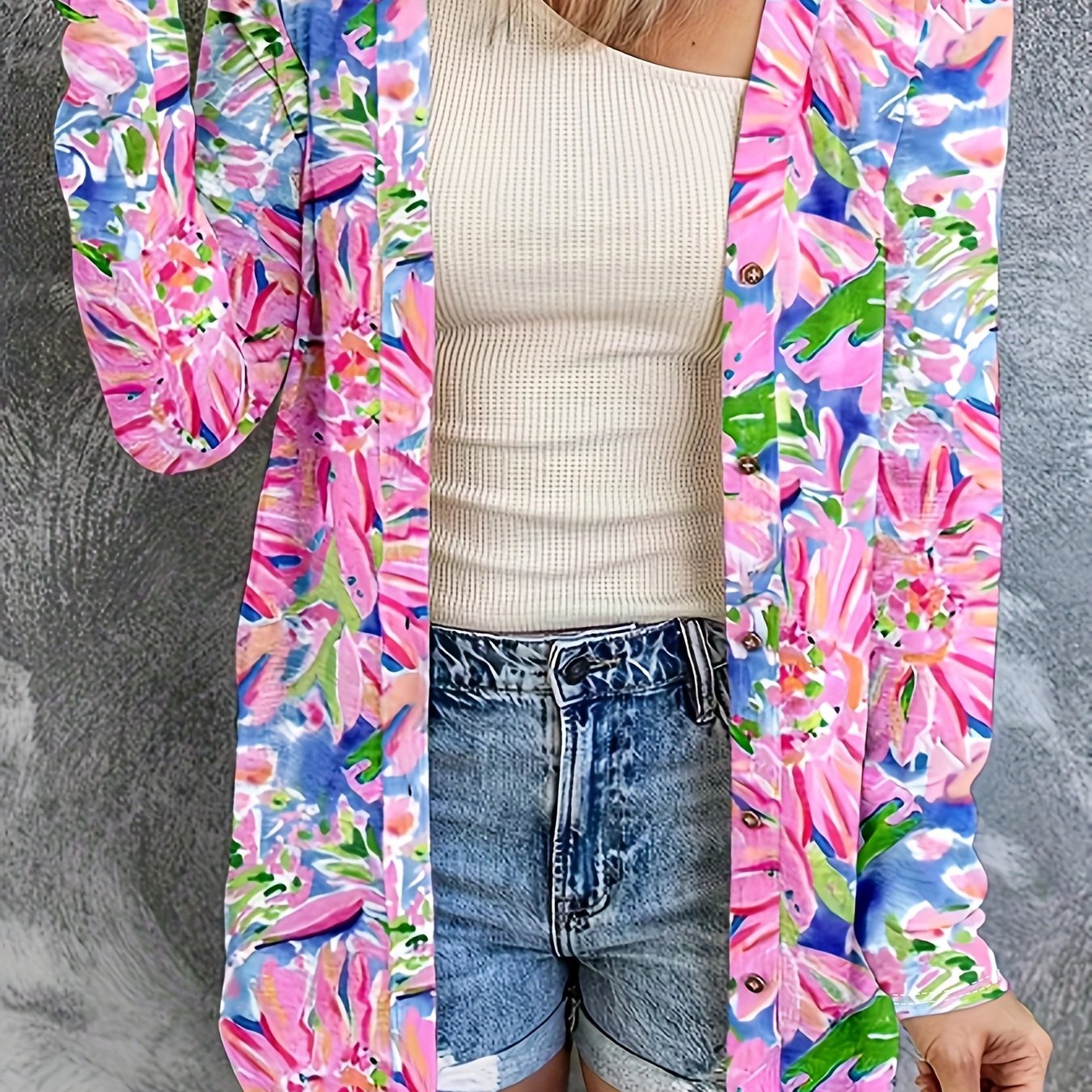  Floral Print Button-Up Cardigan