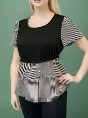  Colorblock Stripe Short Sleeve Blouse