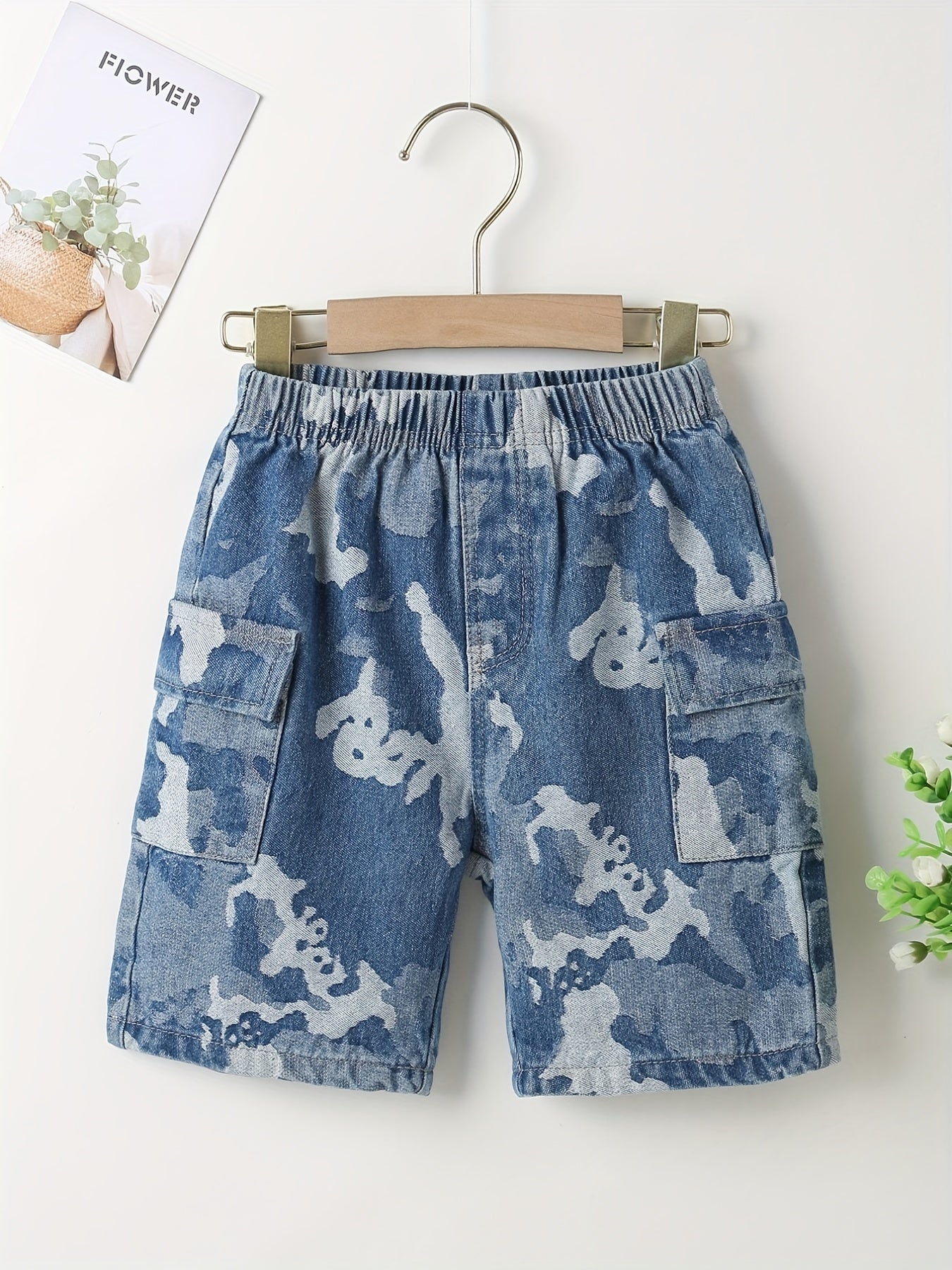 Boys Camo Denim Shorts Elastic Waist Summer Outdoor