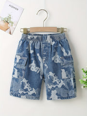 Boys Camo Denim Shorts Elastic Waist Summer Outdoor