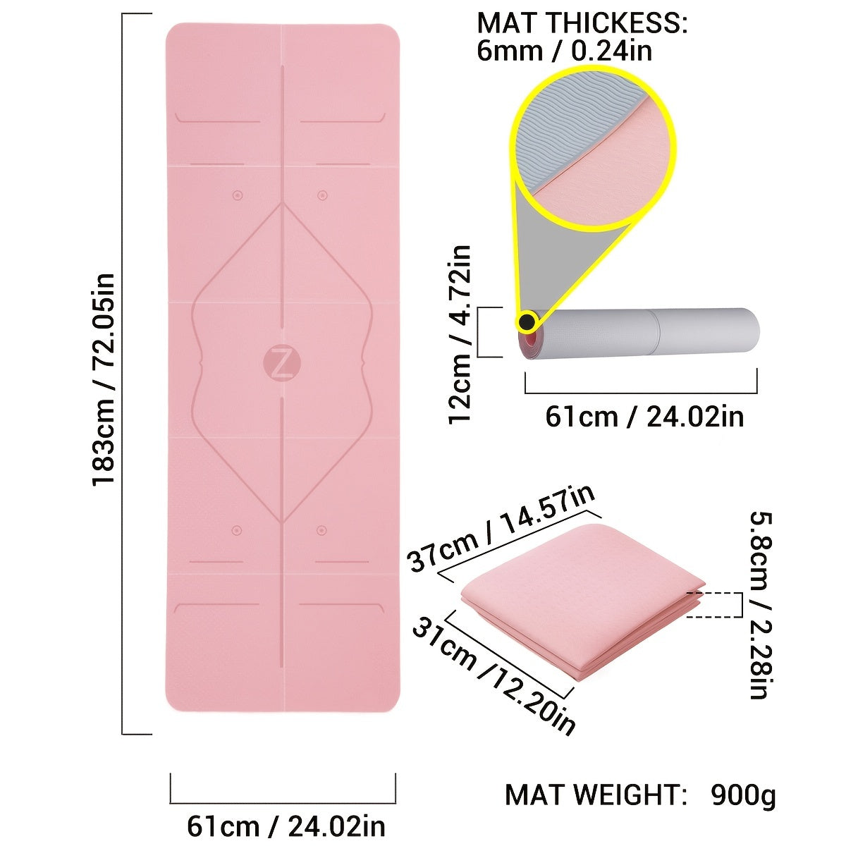 Pink Foldable Yoga Mat Non-slip Thicken Body Position Line