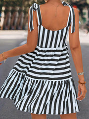  Stripe Print Tie Shoulder Smock Dress